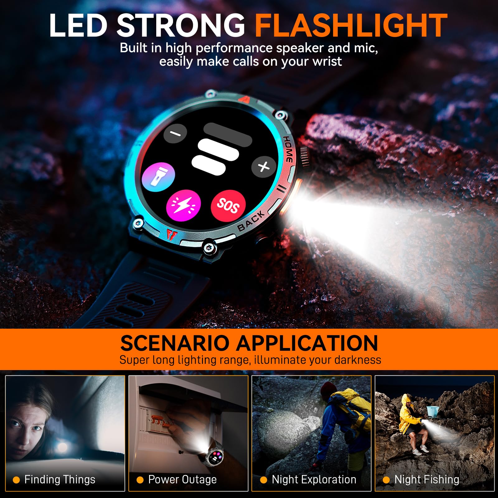 Foxhawk Smart Watch militare con localizzatore GPS, 1,44 pollici HD robusto Smart Watch con torcia a LED bussola, 3ATM impermeabile Smartwatch tattico per iOS Android, orologio fitness da uomo