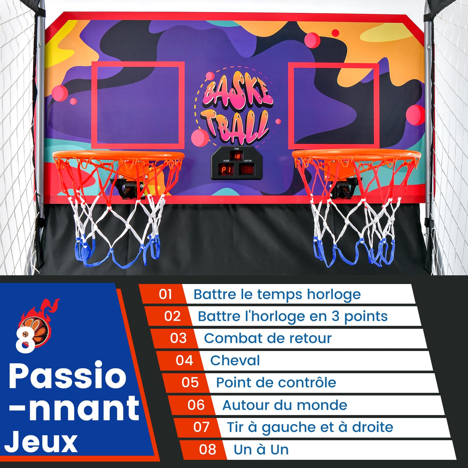 GYMAX Panier de Basket-Ball, Jeu d'Arcade de Basket-Ball Pliable à Double Tir, avec 8 Mode de Jeu, Score Électronique, 4 Balles, Pompe, pour Extérieur et Intérieur, Installation Facile