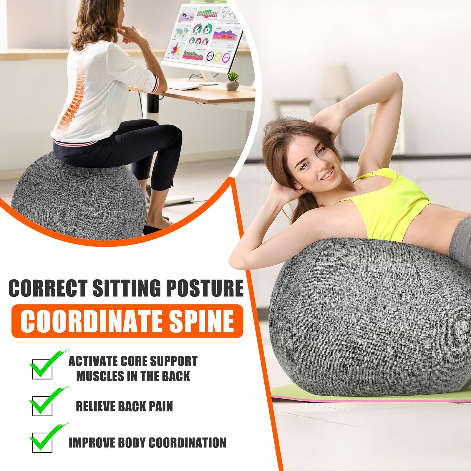 Stoff-Sitzball 65cm Schutzhülle für Gymnastikball Gymnastikball - Fitness-Ball Sitzball Büro mit Pumpe und Deckel Ergonomische Sitzmöbel für Büro und Heimbüro -Waschbarer Stoffbezug