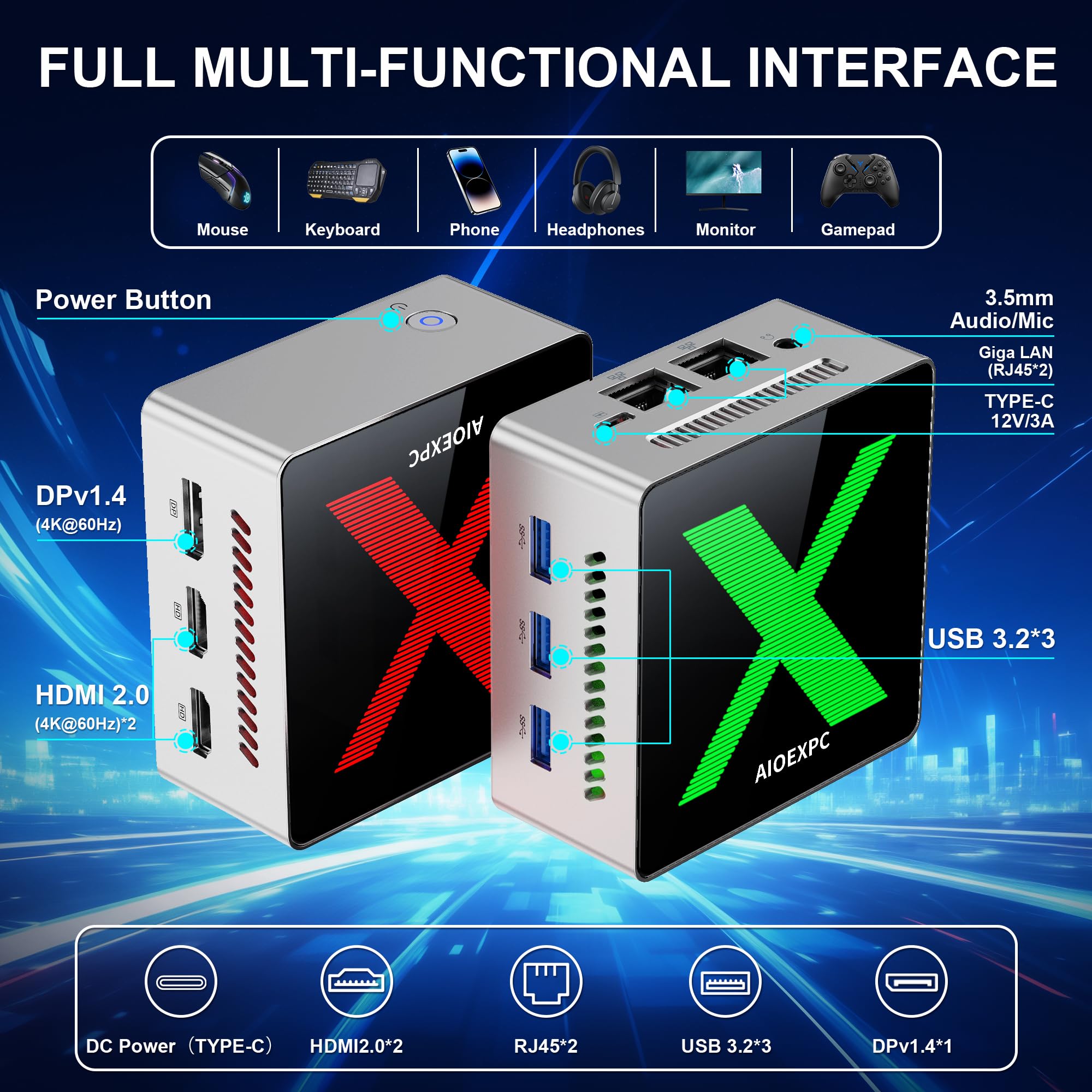 AIOEXPC Mini PC 512GB SSD,12GB LPDDR5 with RGB Lighting,Mini PC