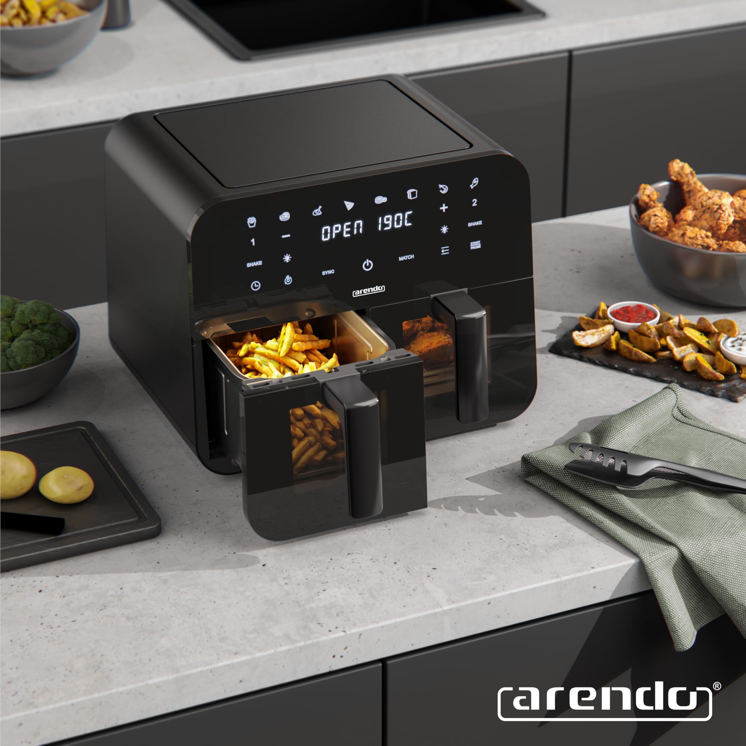 Arendo - Dual Zone Heißluftfritteuse 9L - mit 2 Kamern - XXL Kapazität 2 Fächer – Sichtfenster Beleuchtung - Airfryer - Touchscreen - 3D Umluftsystem - Antihaftbeschichtung - spülmaschinenfeste Körbe