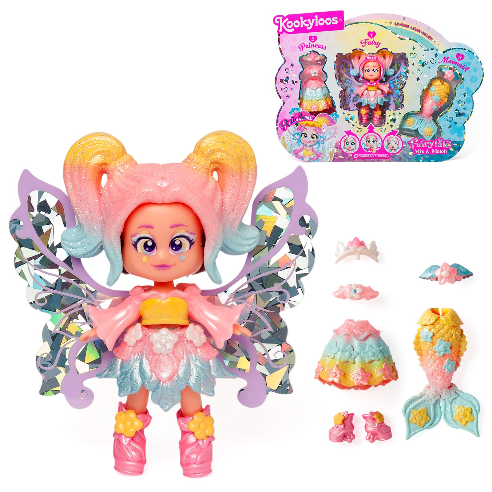 KOOKYLOOS FAIRYTALE MIX and MATCH RAINBOW, 3 in 1 fantasy themed doll, Contains 1 doll, 1 princess outfit