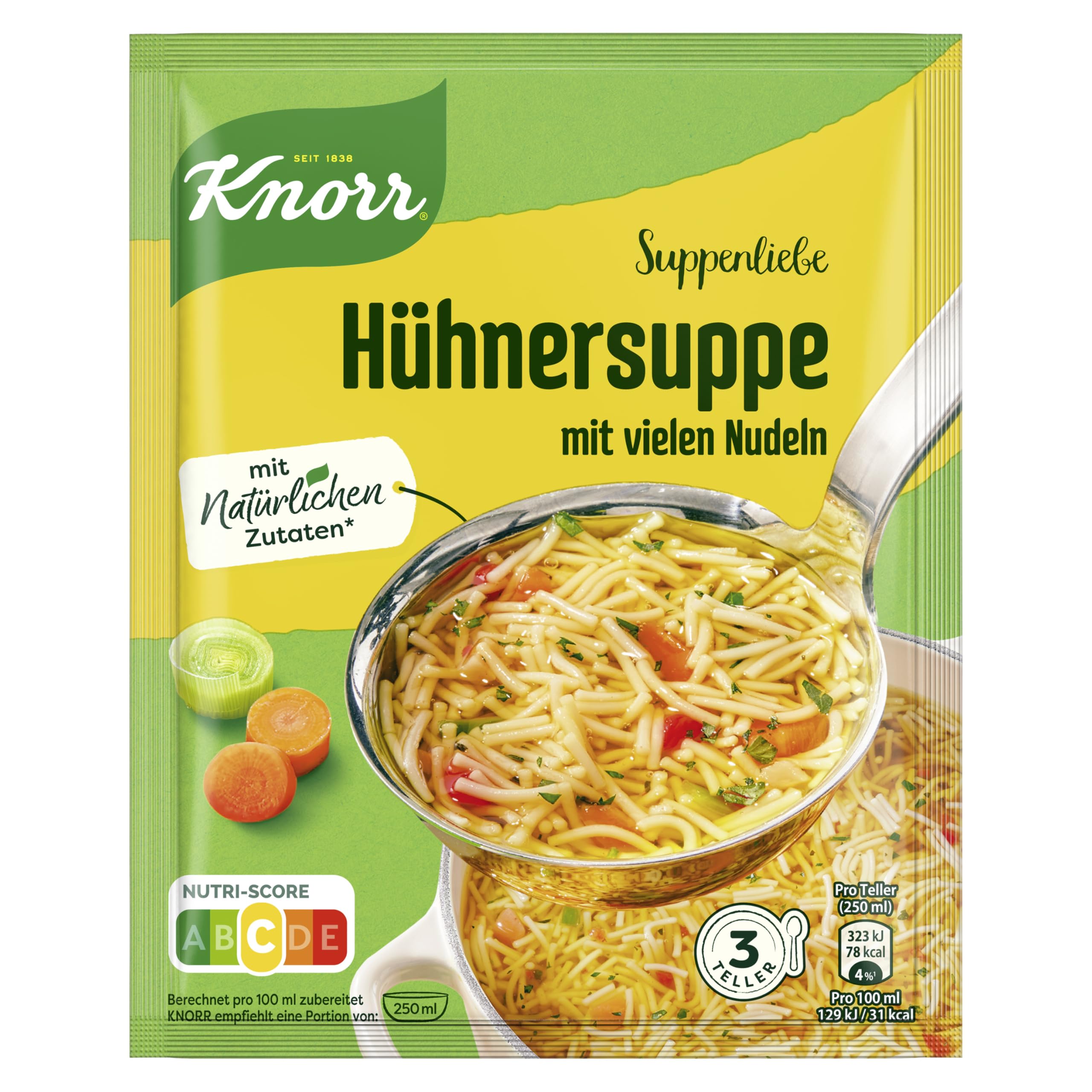 Knorr Suppenliebe Hühnersuppe für eine leckere Nudelsuppe mit vielen Nudeln ohne geschmacksverstärkende Zusatzstoffe und Farbstoffe 15 x 3 Teller