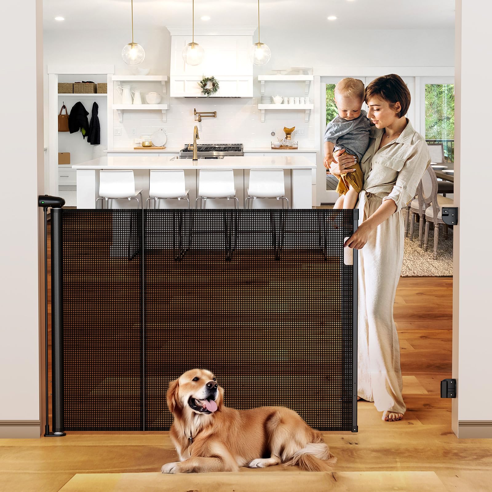 Puerta retráctil reforzada de 100 pulgadas de ancho para bebé, puerta para perros de 42 pulgadas de alto extra ancha con cerradura