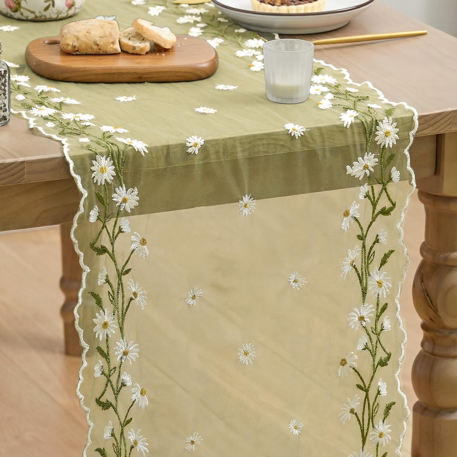 Artoid Mode Grass Green Embroidery Daisy Leaves Spring Gauze Table Runner 40x300 cm, Tulle Sheer Dining Holiday Birthday Table Decor for Home Party
