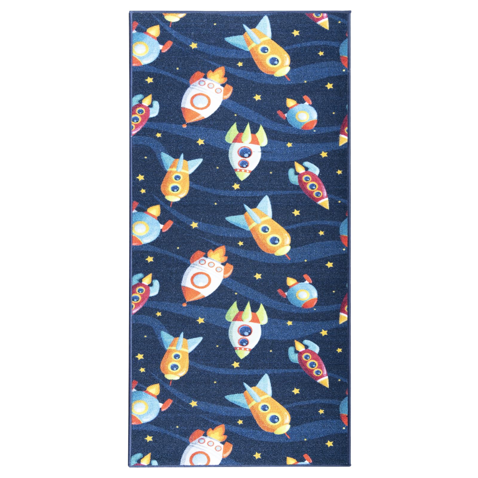 KARAT Teppich Kinderzimmer Jungen & Mädchen Kinderteppich Läufer für Babyzimmer, rutschfeste Rückseite, Robust und Pflegeleicht, 80 x 200 cm, Blau (Cute Rockets)