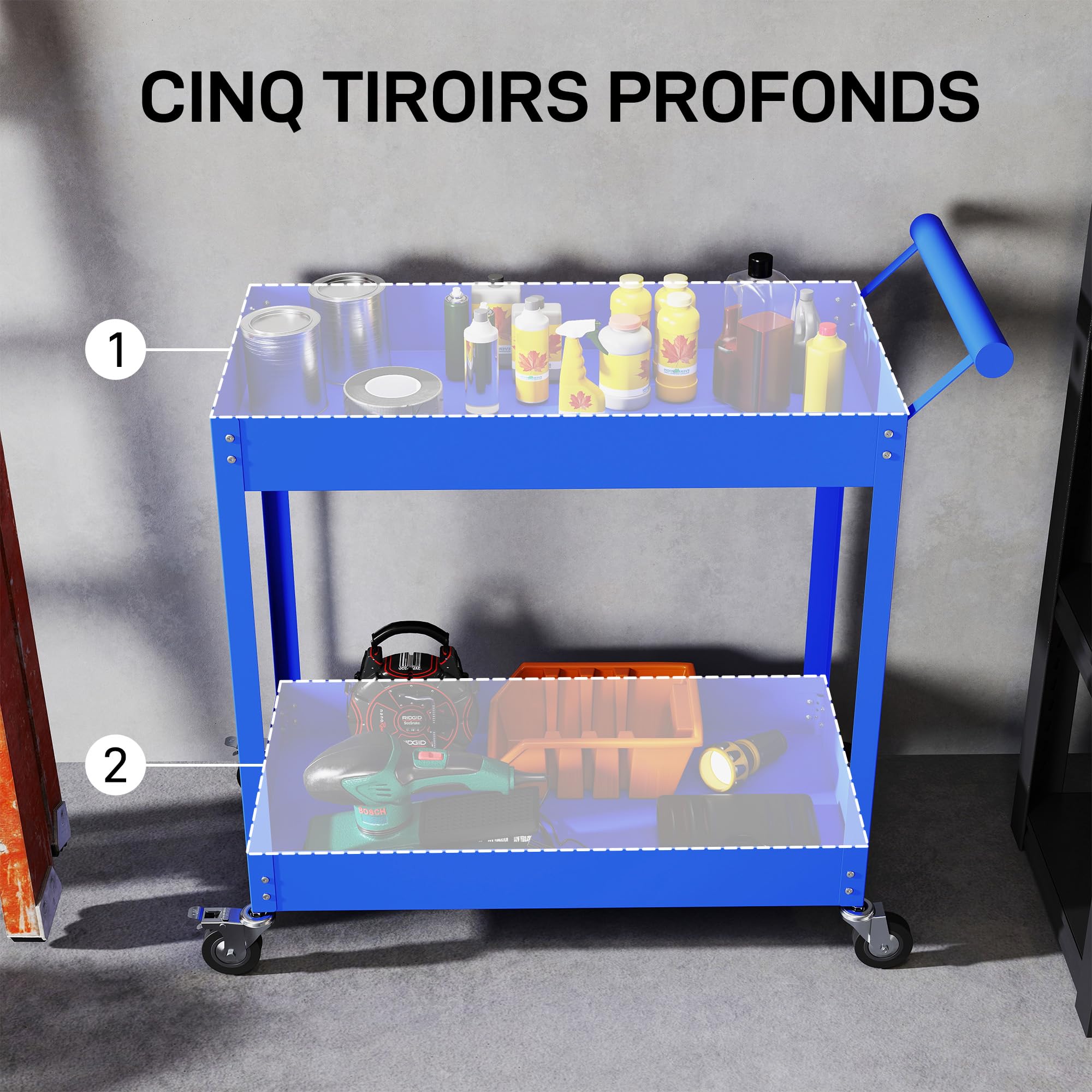 DURHAND Carrello da officina per officina, carrello per attrezzi a 2 livelli, maniglia laterale e ruote bloccabili, per garage, magazzino, utensili fai da te, carico 150 kg, 84,5 x 38 x 84 cm, blu