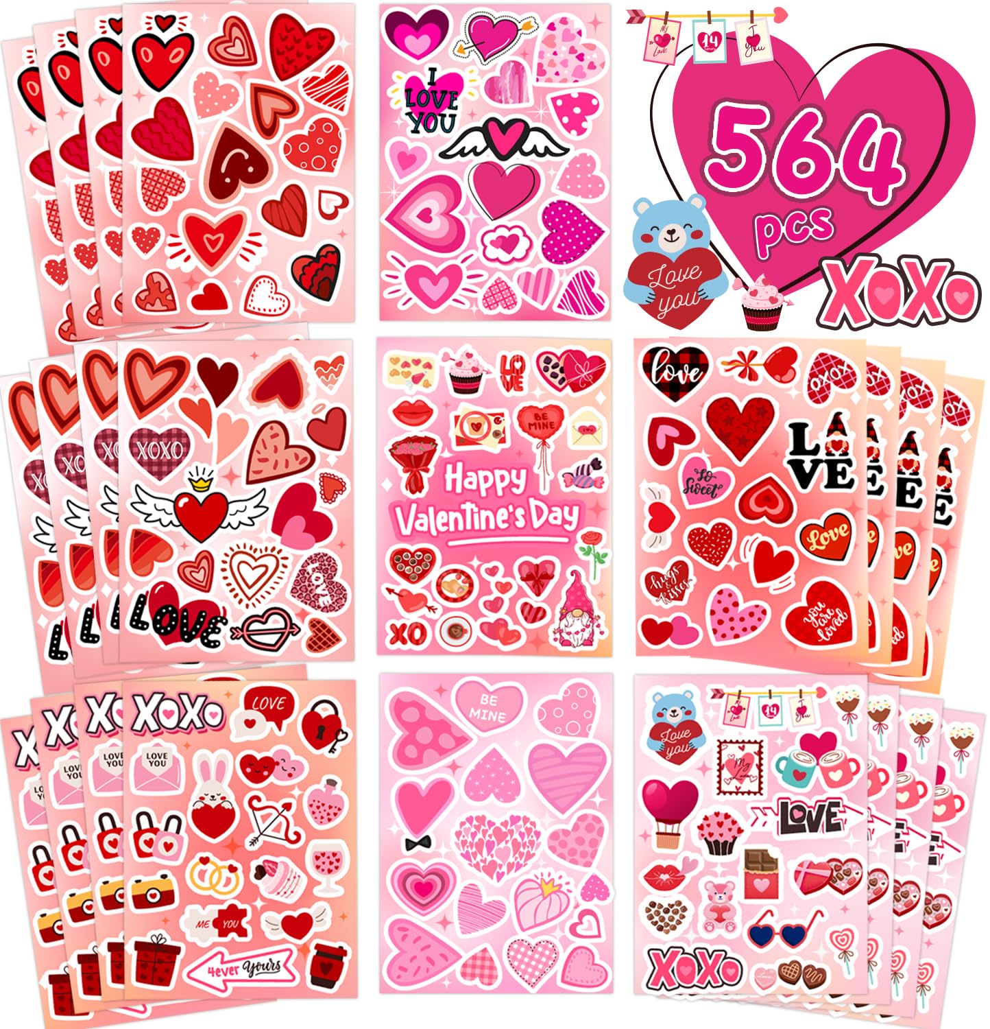 564 Pcs Cute Valentine Stickers Heart Stickers Gradient Valentine Stickers for Kids Valentine Stickers Bulk Love Stickers for Valentines Gift Party Decorations Favors