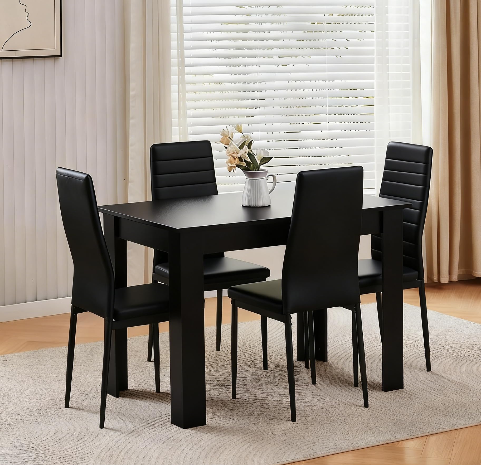 Menaka Modern Wooden Dining Room Table and Chairs Set of 4 for Small Space, 5 Pieces Rectangular Kitchen Table with 4 Chairs (110cm black table and 4 black leather chairs#1)