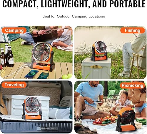 Miniatura 6 de VEVOR Ventilador de campamento de 20,000 mAh, ventilador de 8 pulgadas con linterna LED, ventilador recargable portátil con 4 velocidades, rotación