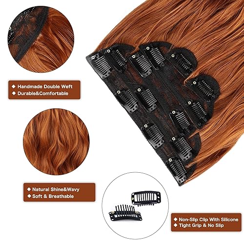 Miniatura 3 de WECAN Extensiones de cabello con clip, 20 pulgadas, color rojo cobre, 6 piezas, extensiones de cabello natural largo ondulado y rizado para mujeres,