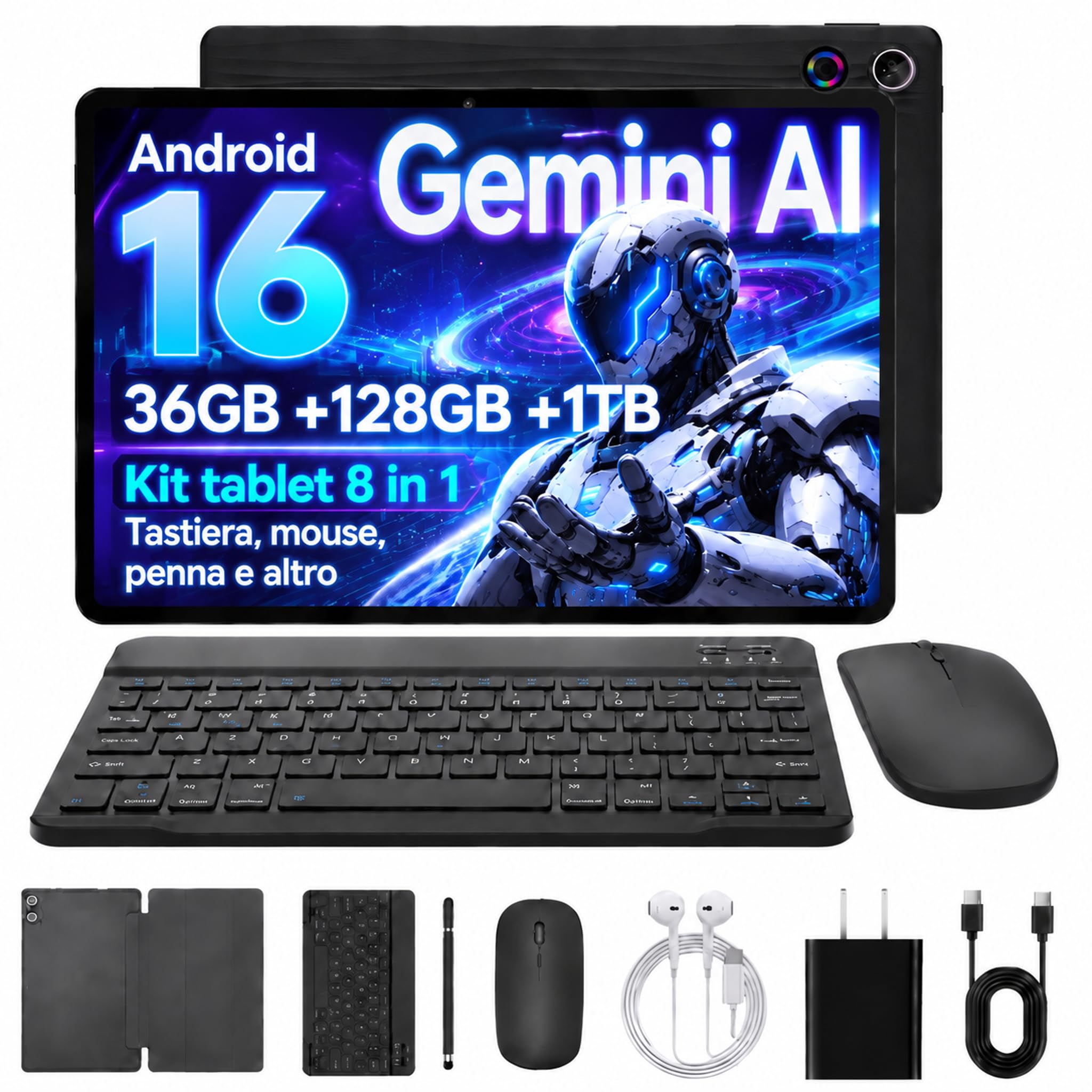 NIDUBIO Tablet Android 11 Pollici Android 16, Kit Completo, 36GB RAM+128GB ROM (Espandibile a 1TB), Batteria 7800mAh, Gemini AI, WiFi Dual‑Band, BT5.4 per Studio, Lavoro e Intrattenimento