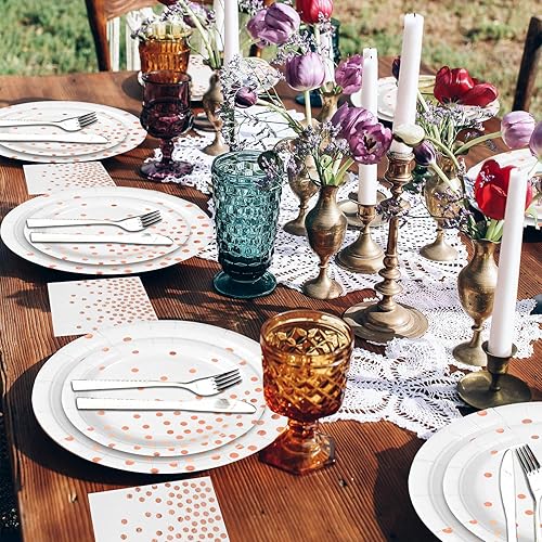 Miniatura 6 de Platos de papel y servilletas de oro blanco y rosa para fiestas, platos desechables de 25 x 9 pulgadas, platos de postre de 25 x 7 y servilletas de