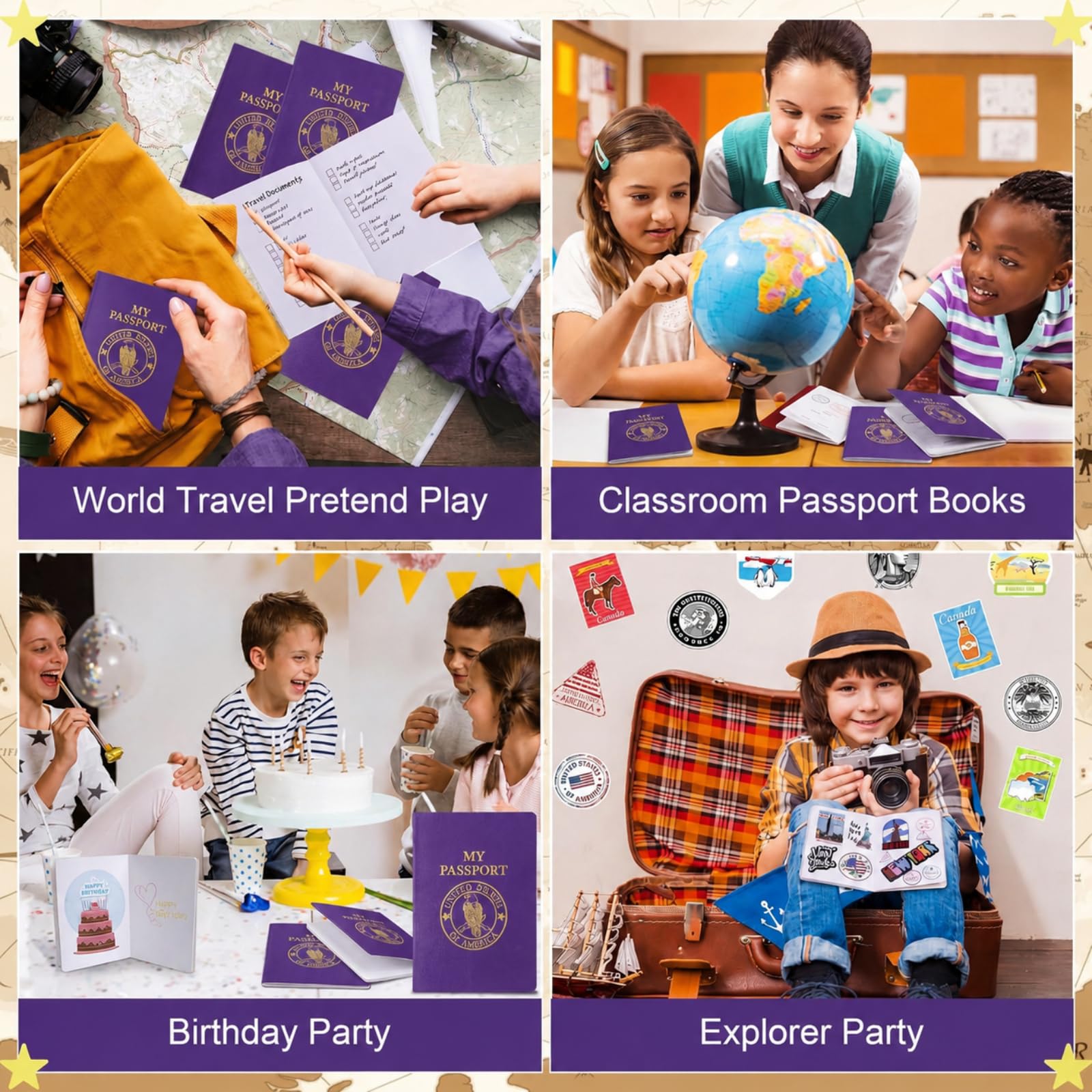 SATINIOR Taccuino vuoto per passaporto, per bambini, per far finta di giocare, per attività fisiche, passaporti, viaggi, feste, diario, forniture scolastiche per classe a tema Little One World (200