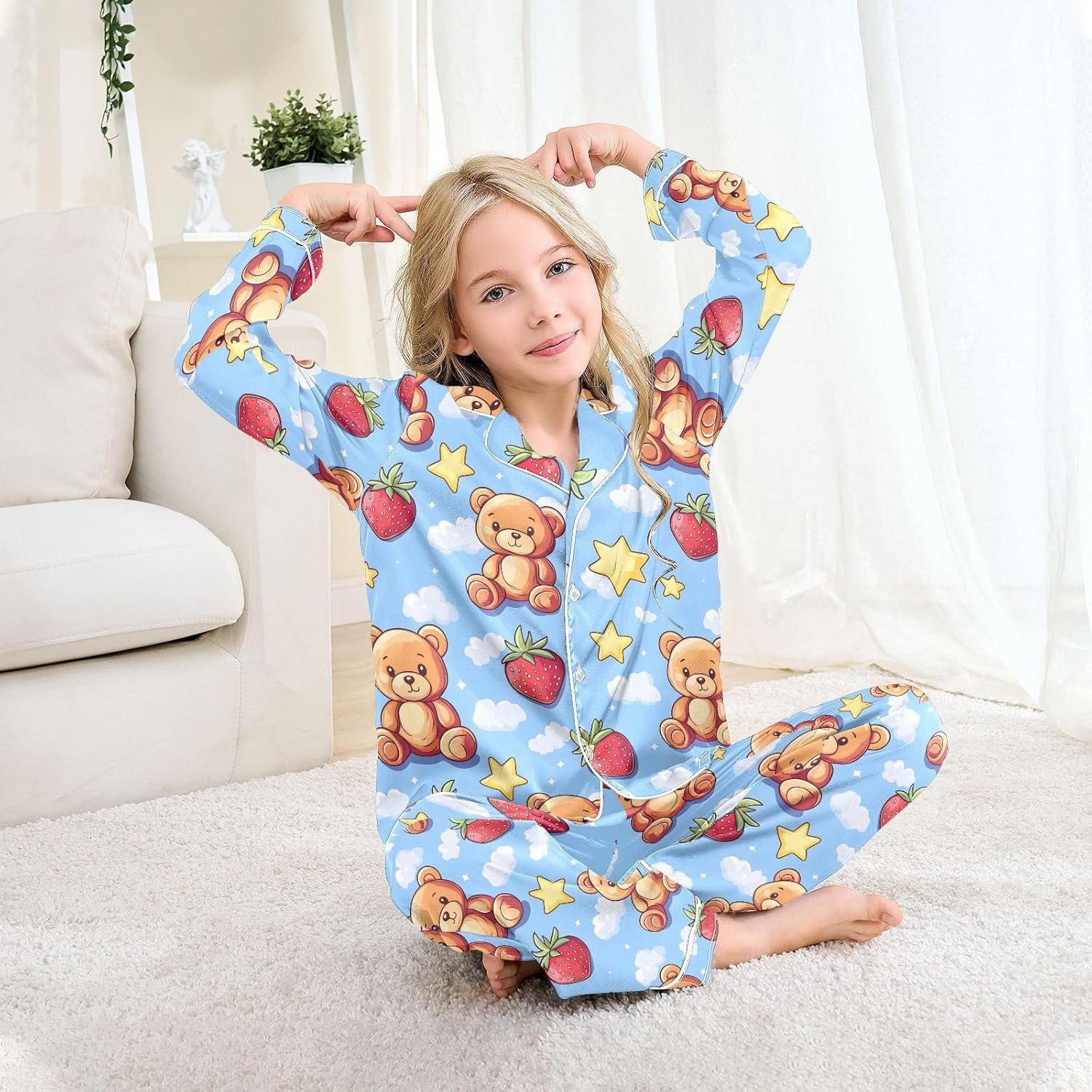 senya Bear Strawberry Star Blue Satin Pajama Sets Long Sleeves Nightwear Button Down Sleepwear