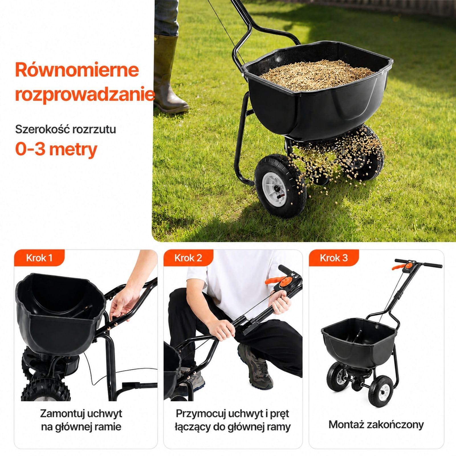 Rozsiewacz pchany 27 kg z zasobnikiem i oponami pneumatycznymi do nasion oraz nawozu w ogrodzie i na trawniku