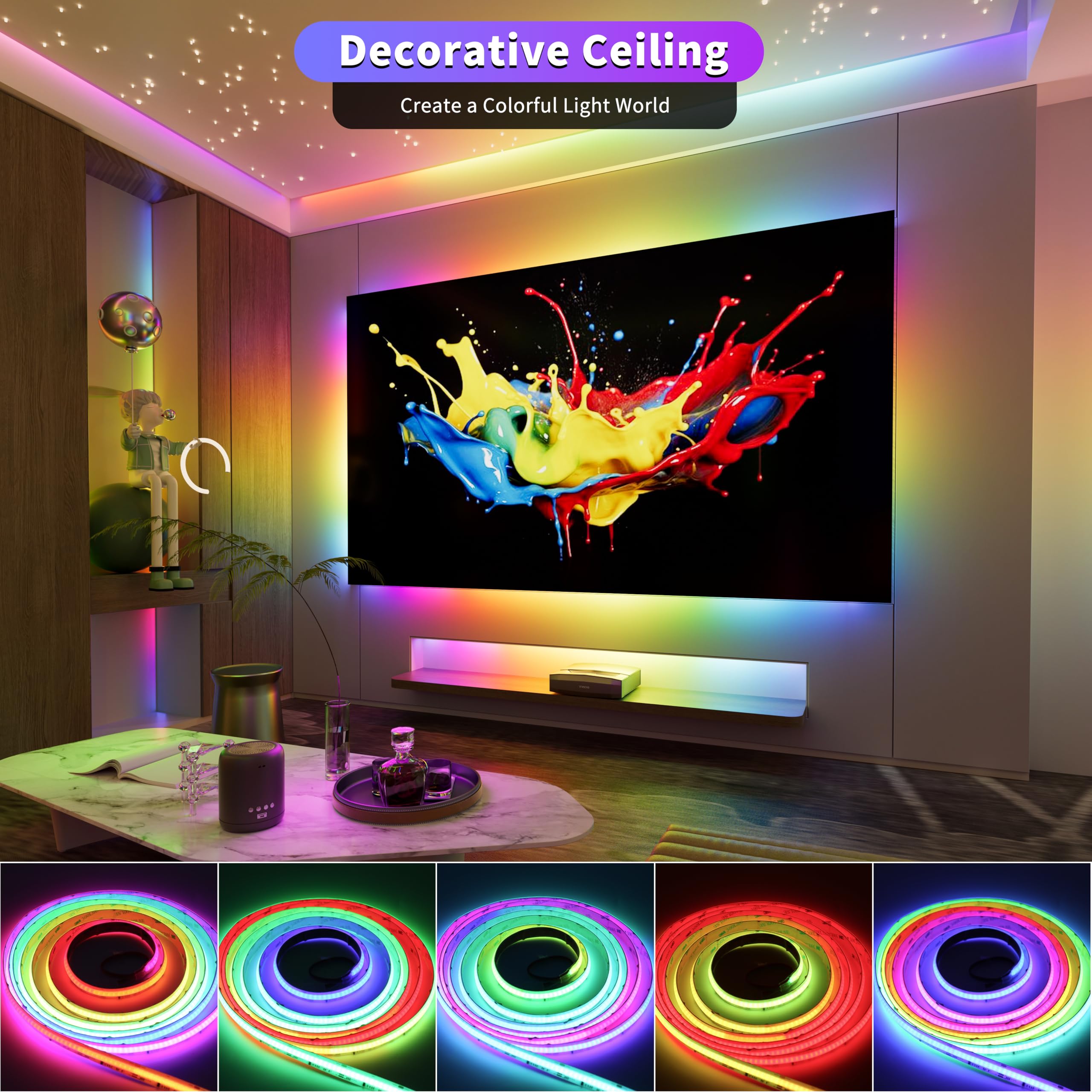 OULARA RGB COB LED Streifen Smart IC Adressierbare 10M,DC24V Farbe Wechselnde LED Streifen Mehrfarbige und weiß led strip light für DIY Dekoration(Controller & Adapter separat erhältlich)
