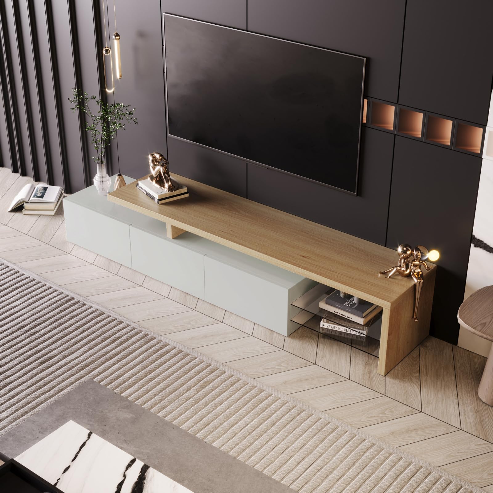 BestAlice Mueble de TV LED moderno de madera y blanco con luces LED variables, mueble TV de 200 cm con almacenamiento brillante, 3 puertas y estantes de cristal para sala de estar