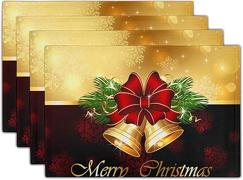 Giwawa Juego de 4 manteles individuales de Feliz Navidad, copos de nieve de invierno, campanilla roja con lazo para cocina, comedor, decoración de