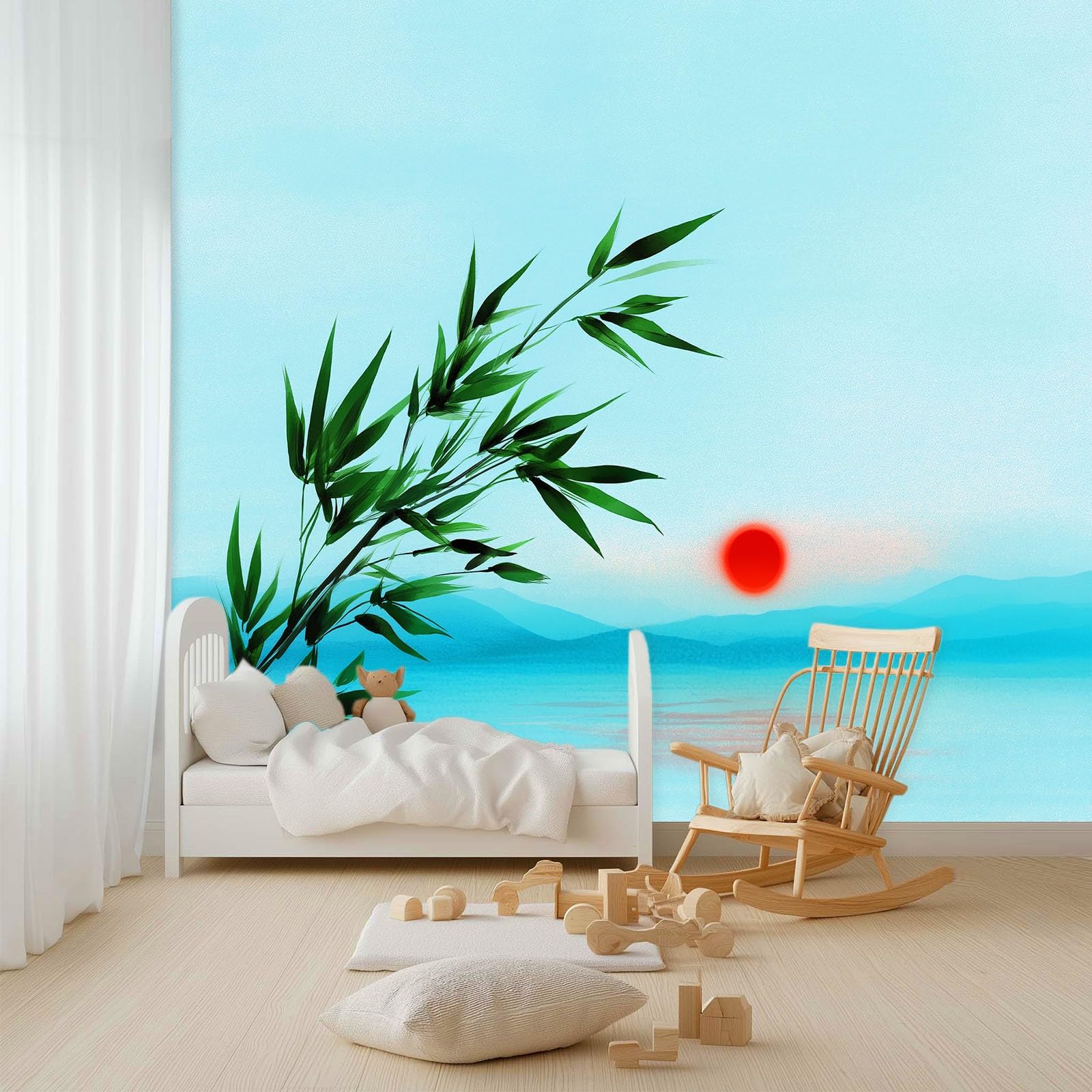 Fototapeta 3D z włókniny, 200 x 140 cm, mural ścienny, orientalny, urok, natura, rośliny, liście bambusa, mural tapeta, niebieska sztuka ścienna do salonu, sypialni, pokoju dziecięcego, telewizora