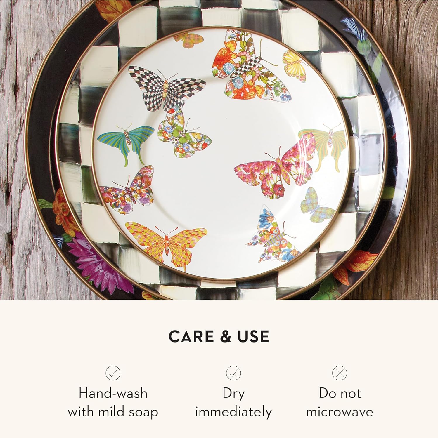 MACKENZIE-CHILDS Enamel Salad and Dessert Plate, Small Plate for a Dessert or Appetizer Dish, 8 Inches, Butterfly Garden