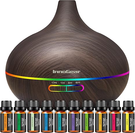 InnoGear Aromatherapy Diffuser & 10 Essential Oils Set, 400ml Diffuser Ultrasonic Diffuser Cool Mist Humidifier with 4 Timers 7 Colors Light Waterless Auto Off for Large Room Office, Dark Wood Grain