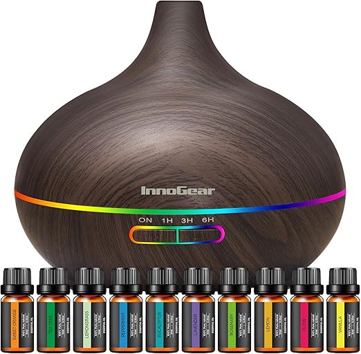 InnoGear Aromatherapy Diffuser & 10 Essential Oils Set, 400ml Diffuser Ultrasonic Diffuser Cool Mist Humidifier with 4 Timers 7 Colors Light Waterless Auto Off for Large Room Office, Dark Wood Grain