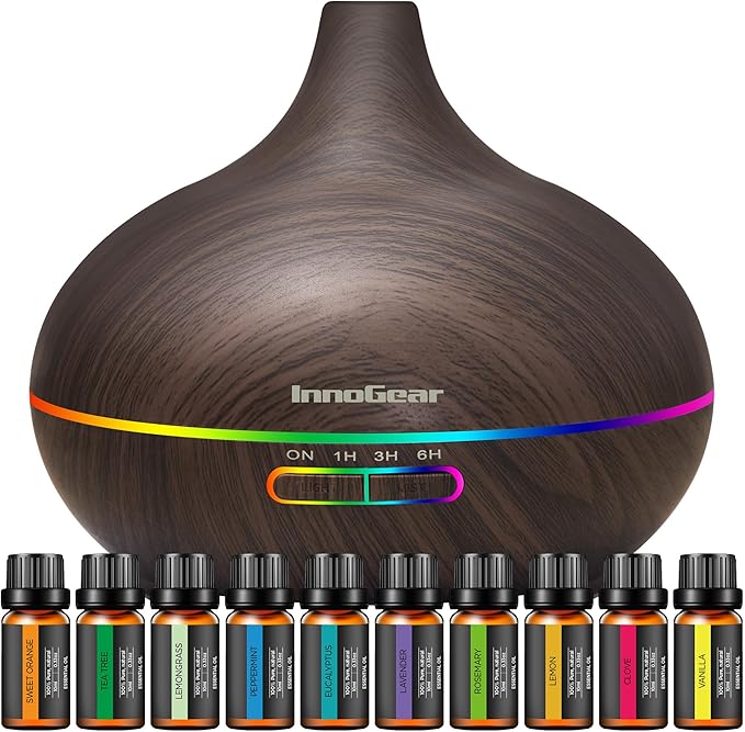InnoGear Aromatherapy Diffuser & 10 Essential Oils Set, 400ml Diffuser Ultrasonic Diffuser Cool Mist Humidifier with 4 Timers 7 Colors Light Waterless Auto Off for Large Room Office, Dark Wood Grain