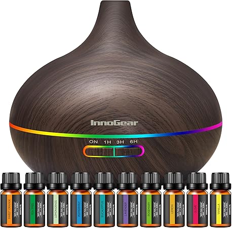 InnoGear Aromatherapy Diffuser & 10 Essential Oils Set, 400ml Diffuser Ultrasonic Diffuser Cool Mist Humidifier with 4 Timers 7 Colors Light Waterless Auto Off for Large Room Office, Dark Wood Grain