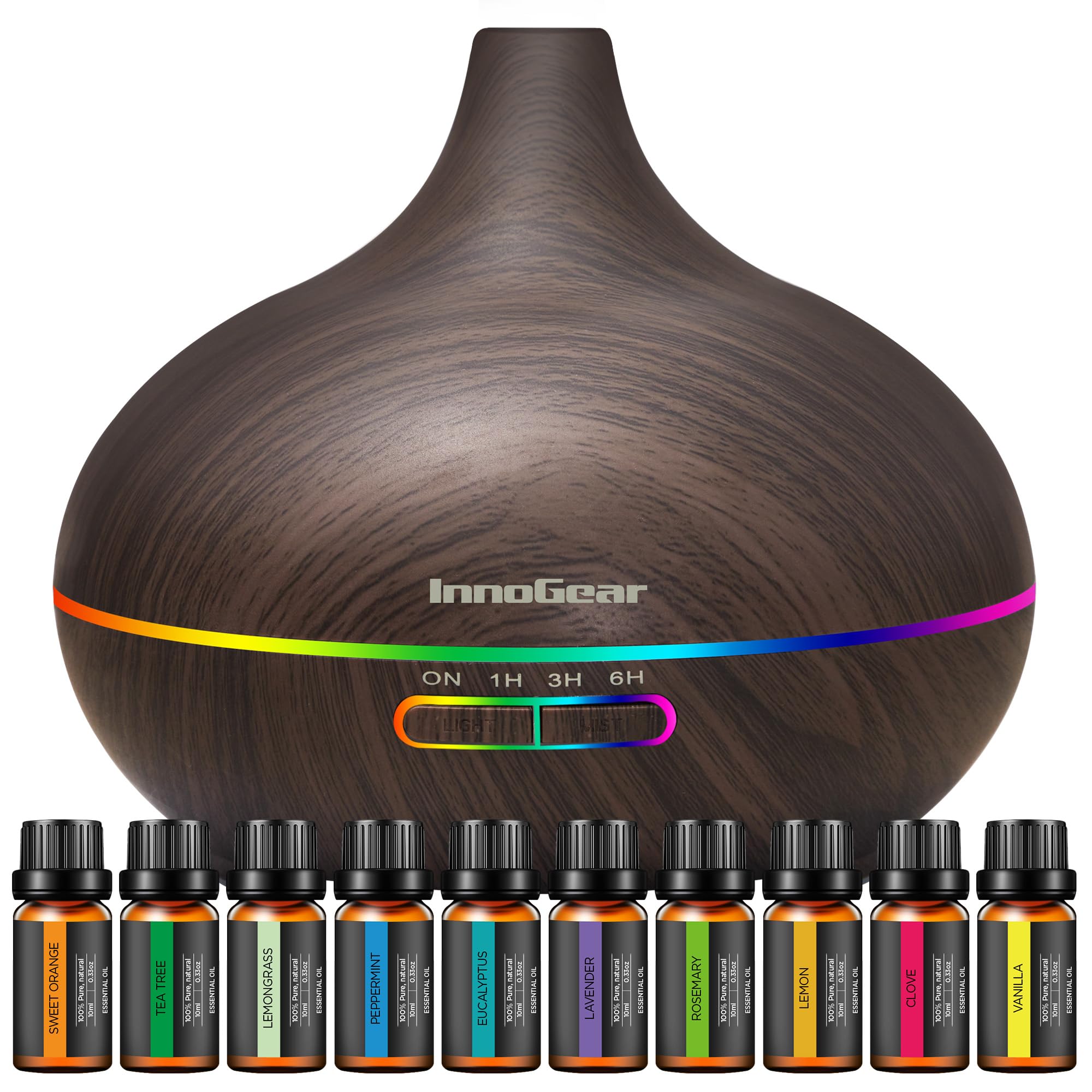 InnoGear Aromatherapy Diffuser & 10 Essential Oils Set, 400ml Diffuser Ultrasonic Diffuser Cool Mist Humidifier with 4 Timers 7 Colors Light Waterless Auto Off for Large Room Office, Dark Wood Grain