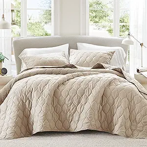 Comfort Spaces Queen Quilt Set Modern Reversible Ogee Coverlet Queen Bedding Set Cozy Quilted Winter Layer, All Season Lightweight Soft Queen Size Quilt, Kienna, Full/Queen Beige 3 Piece