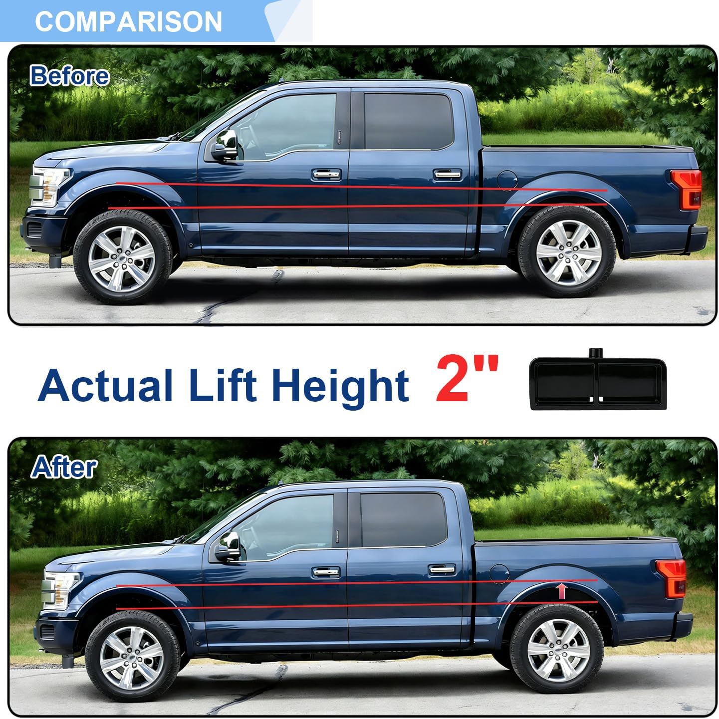 2 Inches Rear Lift Blocks Kit Compatible with 1999-2024 Chevy Silverado 1500 GMC Sierra 1500 2WD 4WD, 2" Rear Chassis Black Leveling Kit Block Extended Square U-Bolts