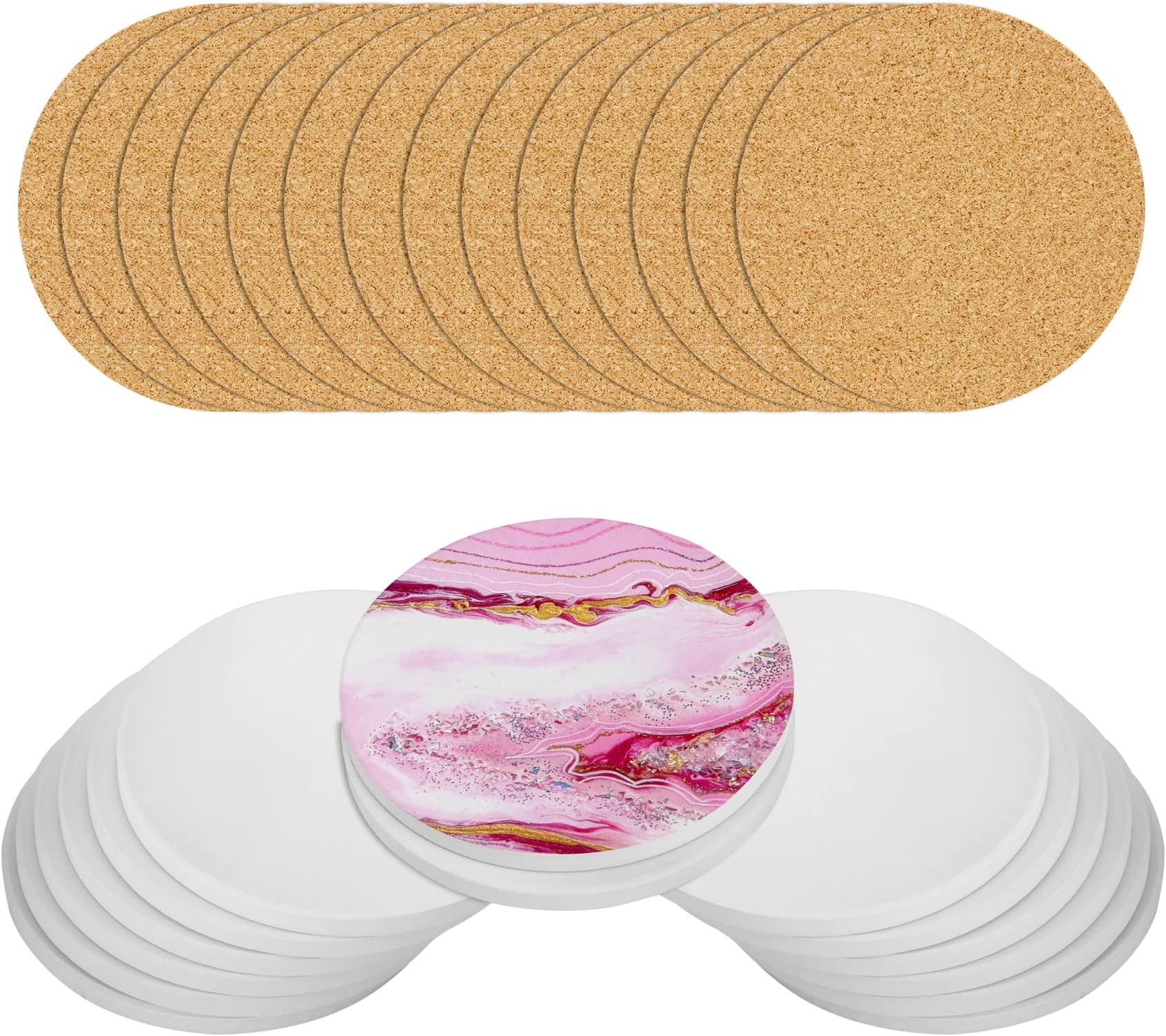Ceramic Tiles for Crafts - 14 Pack 4-Inch Unglazed Ceramic Coasters with Cork Backing Pads - Use with Alcohol Ink or Acrylic Pouring - DIY Round Coasters