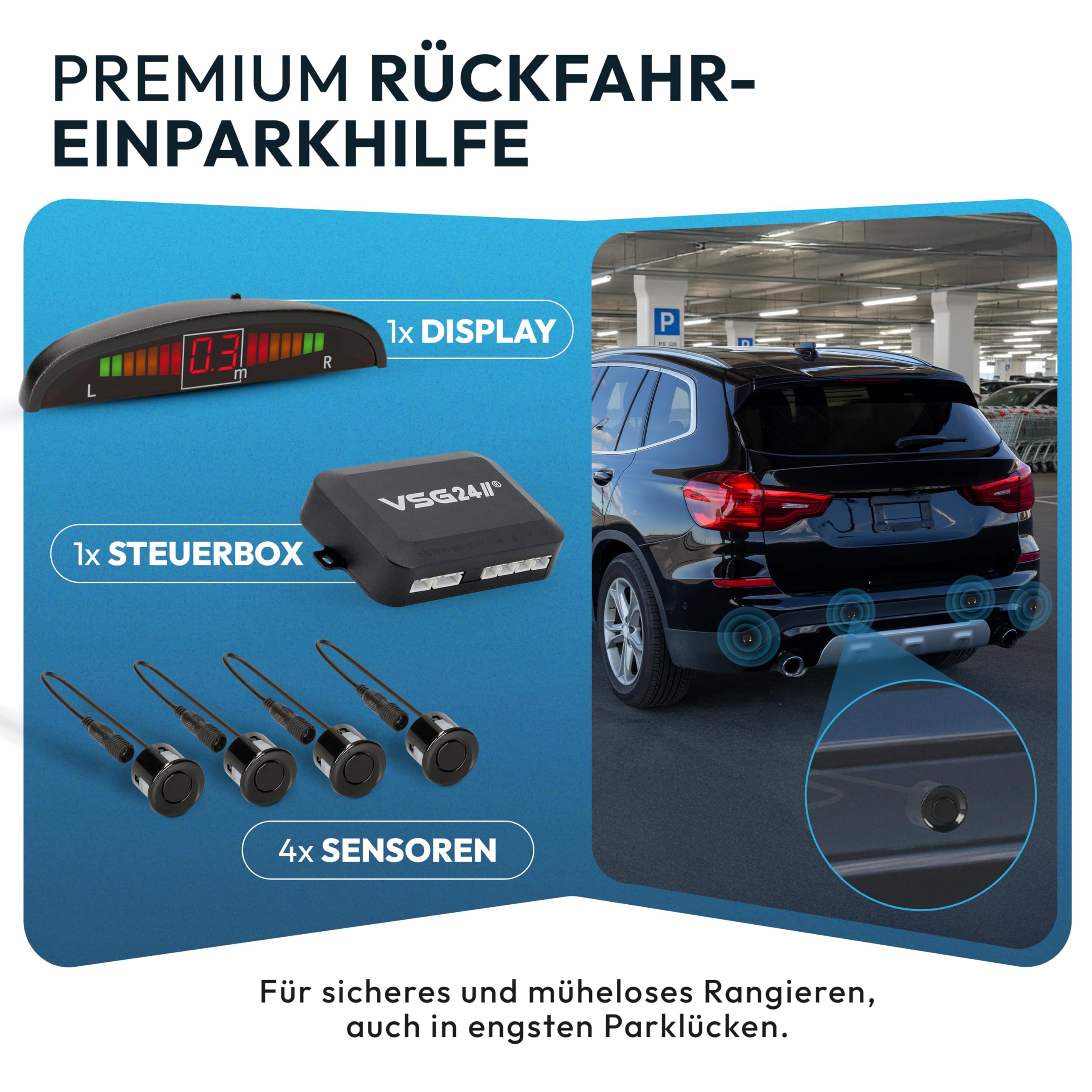 VSG24 Einparkhilfe Set hinten mit Display und 4 Sensoren – robuste PDC Parkhilfe für Auto, SUV & Transporter – optischer & akustischer Rückfahrwarner, 30–150 cm Reichweite – 12V Nachrüstsystem