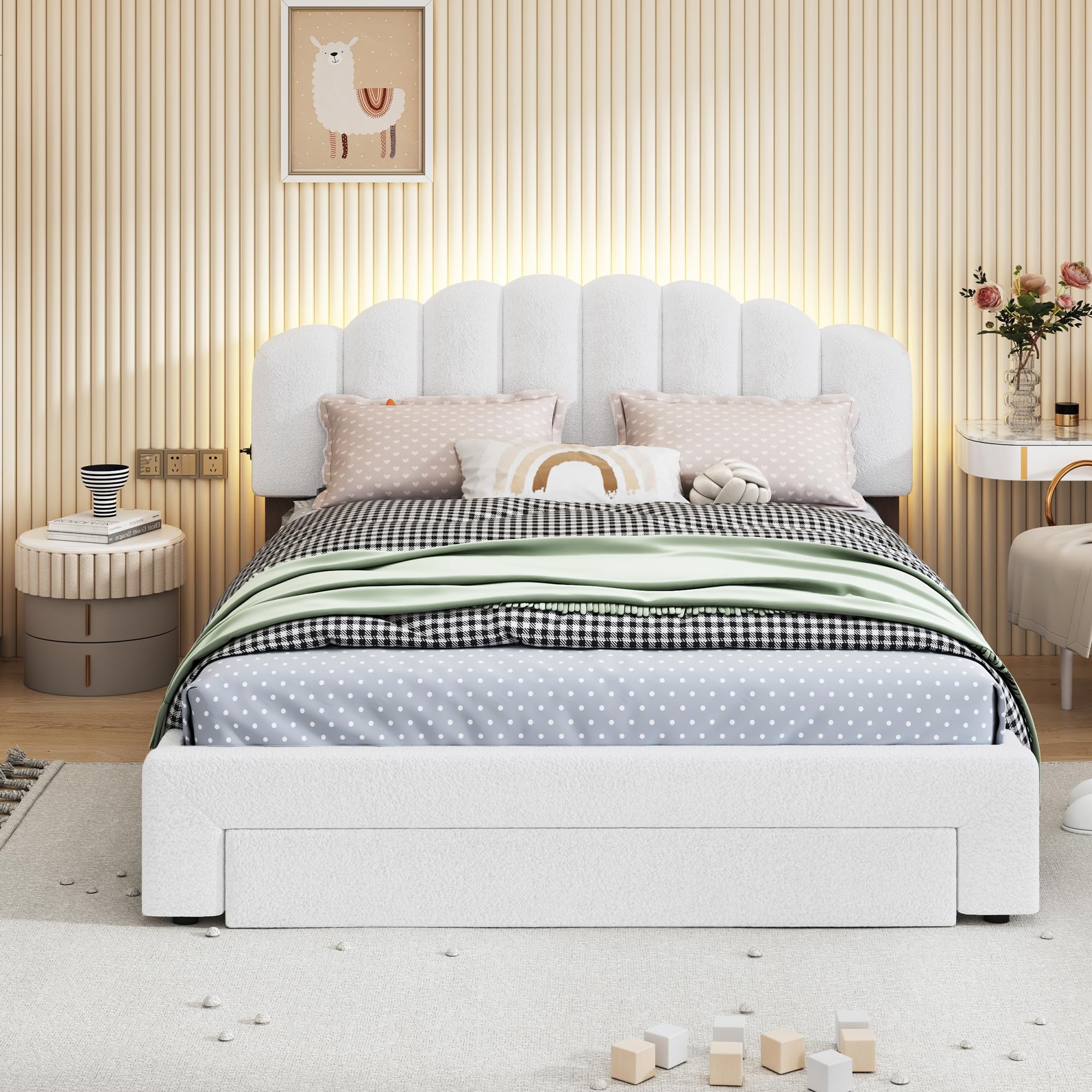 Linique Teddy Fleece Queen Size Upholstered Platform Bed with Storage Drawers Under Bed,Headboard with USB Ports,White