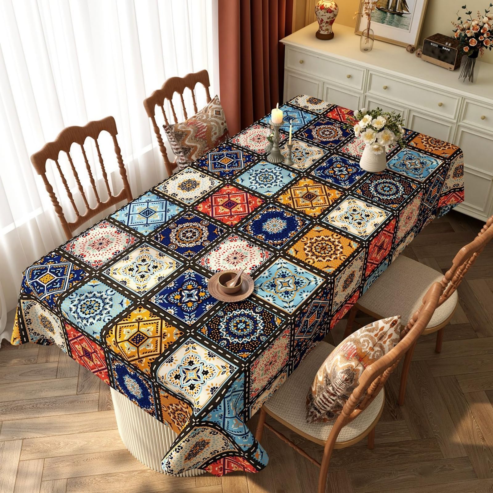 Surwin PVC Tablecloth Wipe Clean Vinyl Table Cloth Table Cover Waterproof Oil Cloth Tablecloths Mandala Pattern Rectangular for Party Dining Festival New Year Home Decorations (Blue,120x180cm)