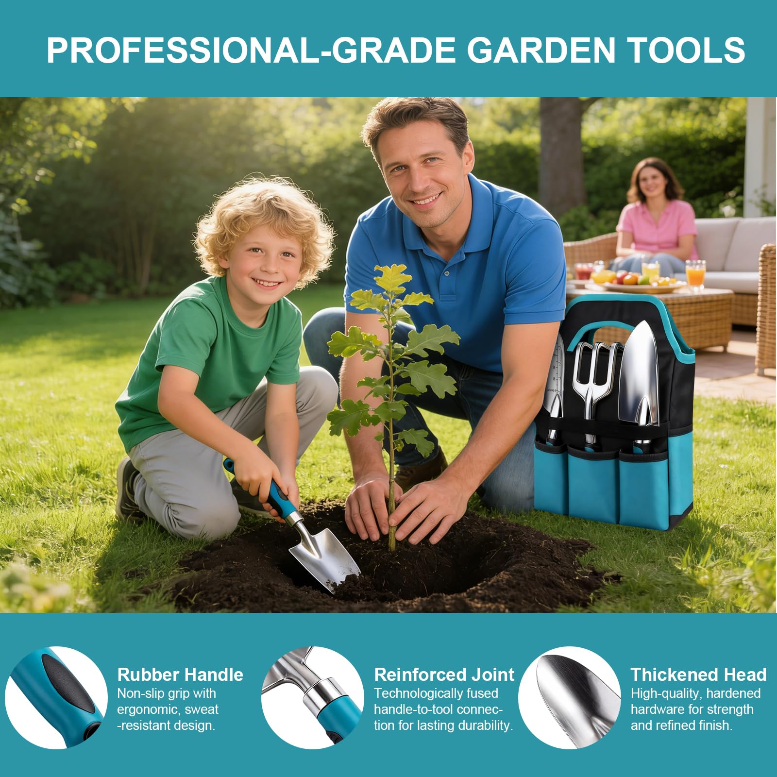 Kit Giardinaggio 7 Pezzi, Attrezzi Giardinaggio in Alluminio con Manico Ergonomico Antiscivolo, Antiruggine e Borsa, Set Giardino Completo per Uomini e Donne