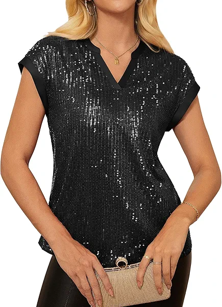 GRACE KARIN Womens Sequin Tops 2025 Cap Sleeve Sparkly Tops Glitter Party Dressy Blouses Fall V Neck Club Concert Shirts