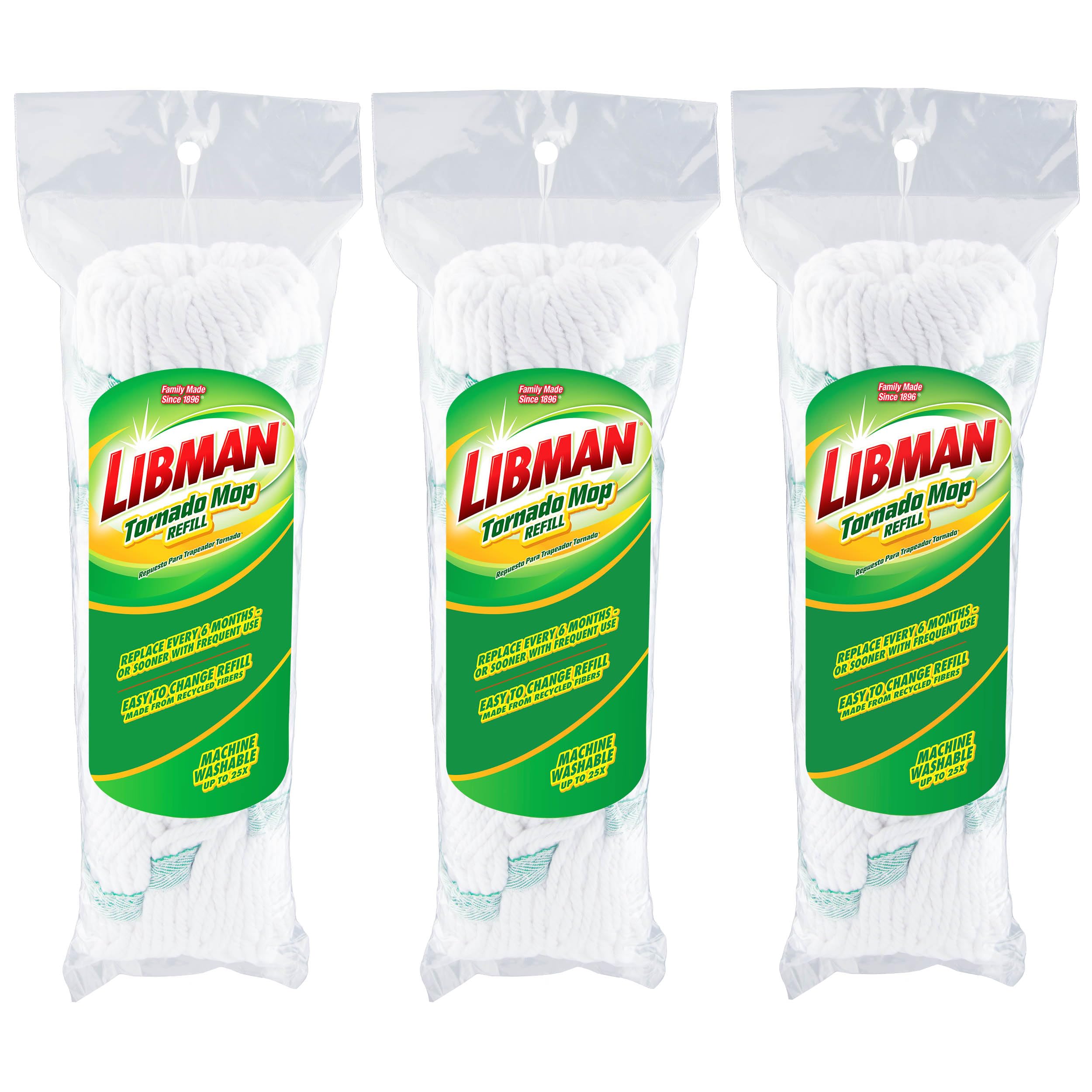 Libman Tornado Mop Refill, Direct Replacement Head for Libman Self Wringing Twist Mop, Cotton, Machine Washable, 3 Pack