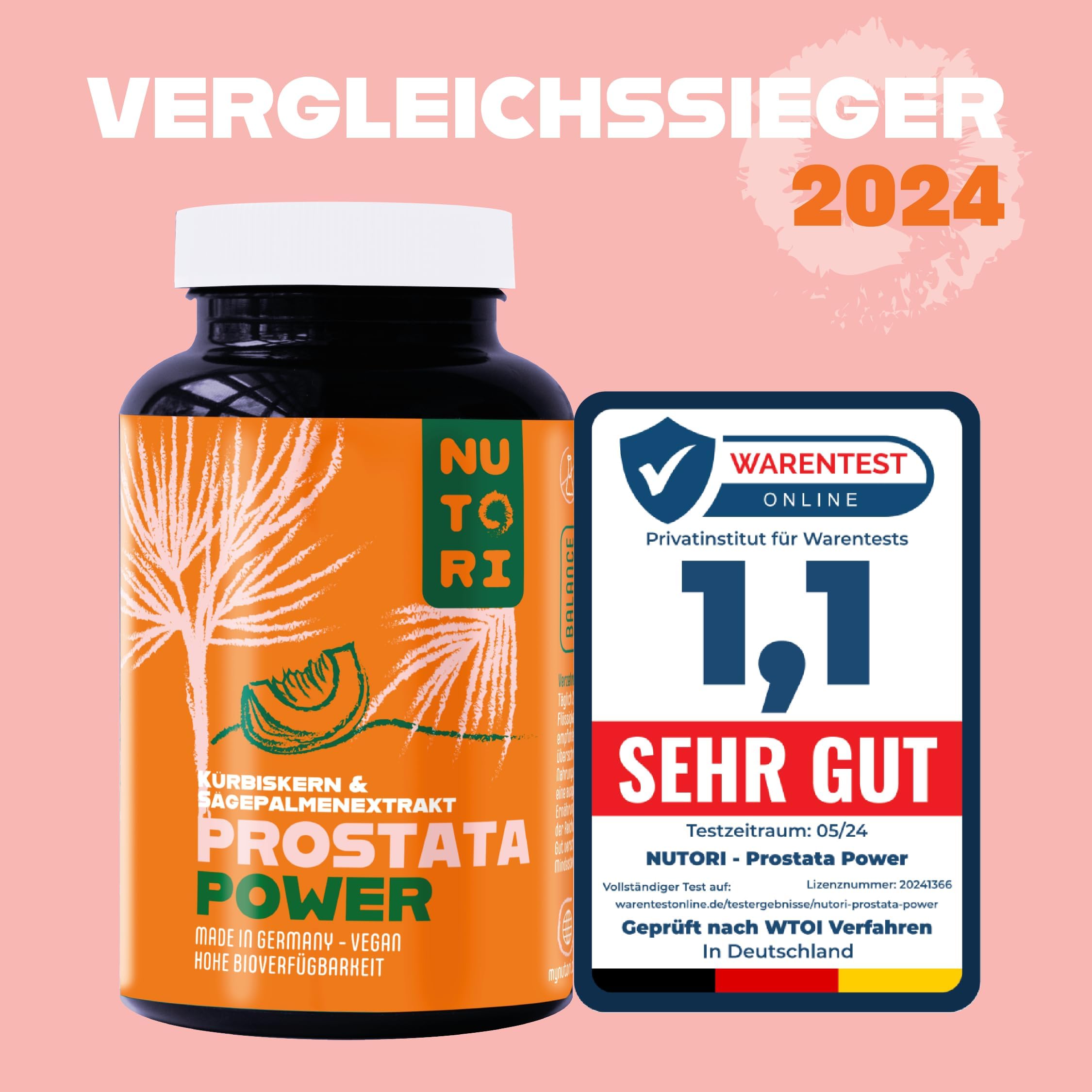 Prostata Kapseln hochdosiert - Kürbiskern- & Sägepalmenextrakt - 120 Kapseln mit Vitamin E, Zink, Selen und Brennnesselwurzelextrakt - 700 mg Kürbiskernextrakt - Vegan - Made in Germany