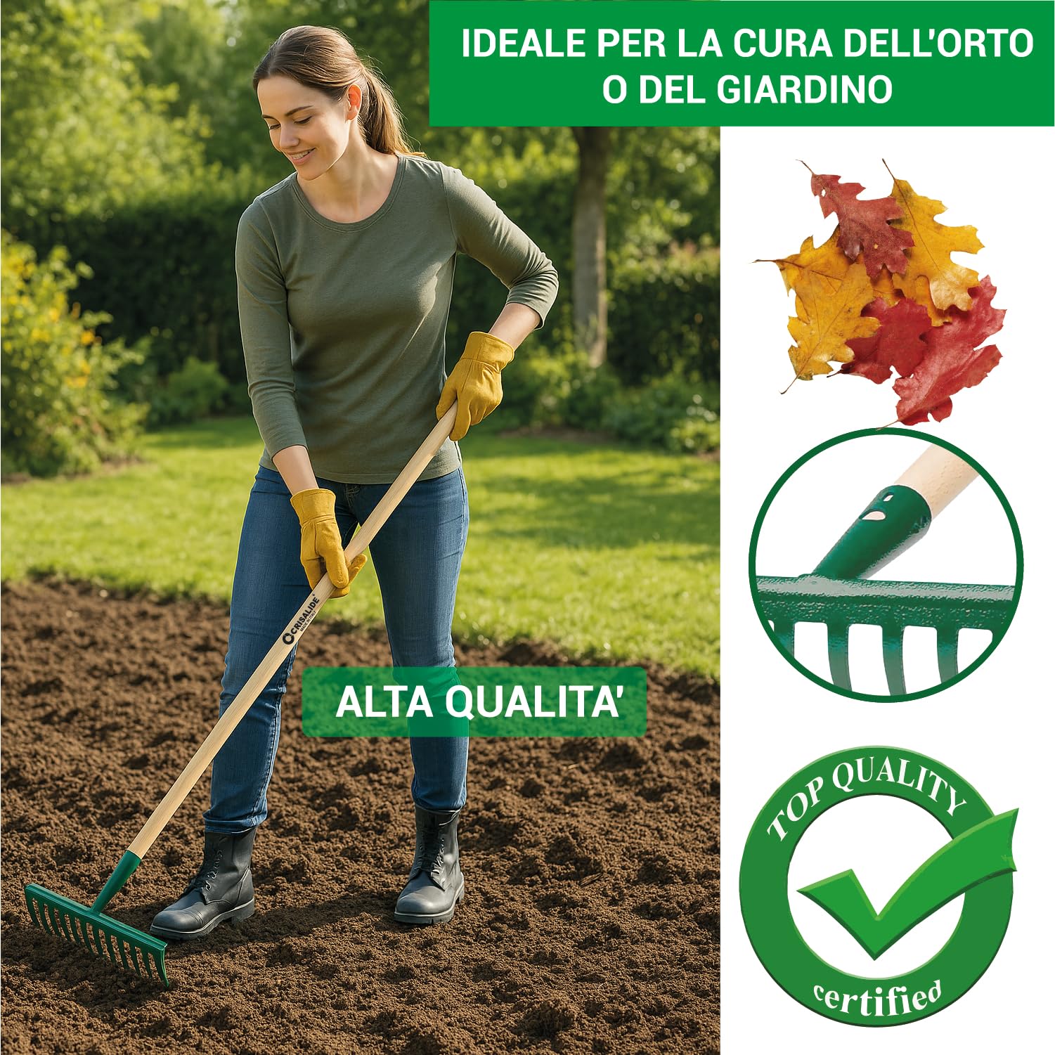 Crisalide®-RASTRELLO da GIARDINO + MANICO IN LEGNO DI FAGGIO (150cm TIPO BOSCH-I), PER USO HOBBISTICO E PROFESSIONALE, MADE IN ITALY
