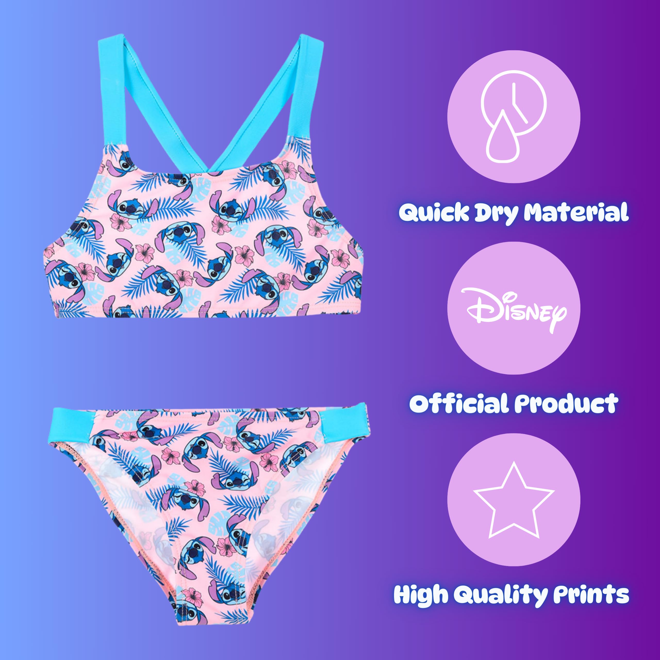 Disney Stitch Bikini pour Filles, Maillot de Bain Deux Pièces D'été pour Enfants et Adolescentes, Tailles 6 à 12 Ans