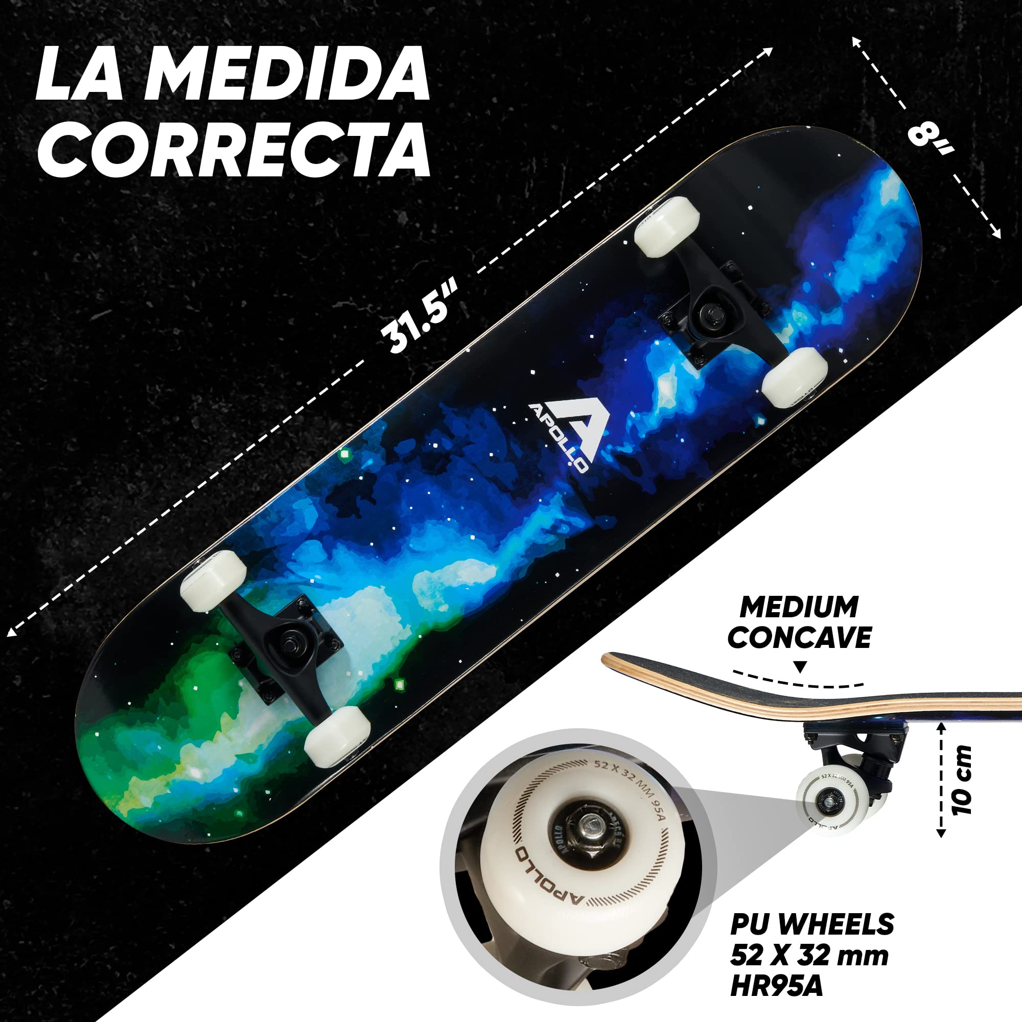 Apollo Skateboard Niño | Monopatín Niño y Skateboard Adulto Todo en Uno | Tabla de Skate de 7 Capas, Moderna, Cóncava Media, Rodamientos ABEC-7 | Conducción Ideal con Cada Estilo