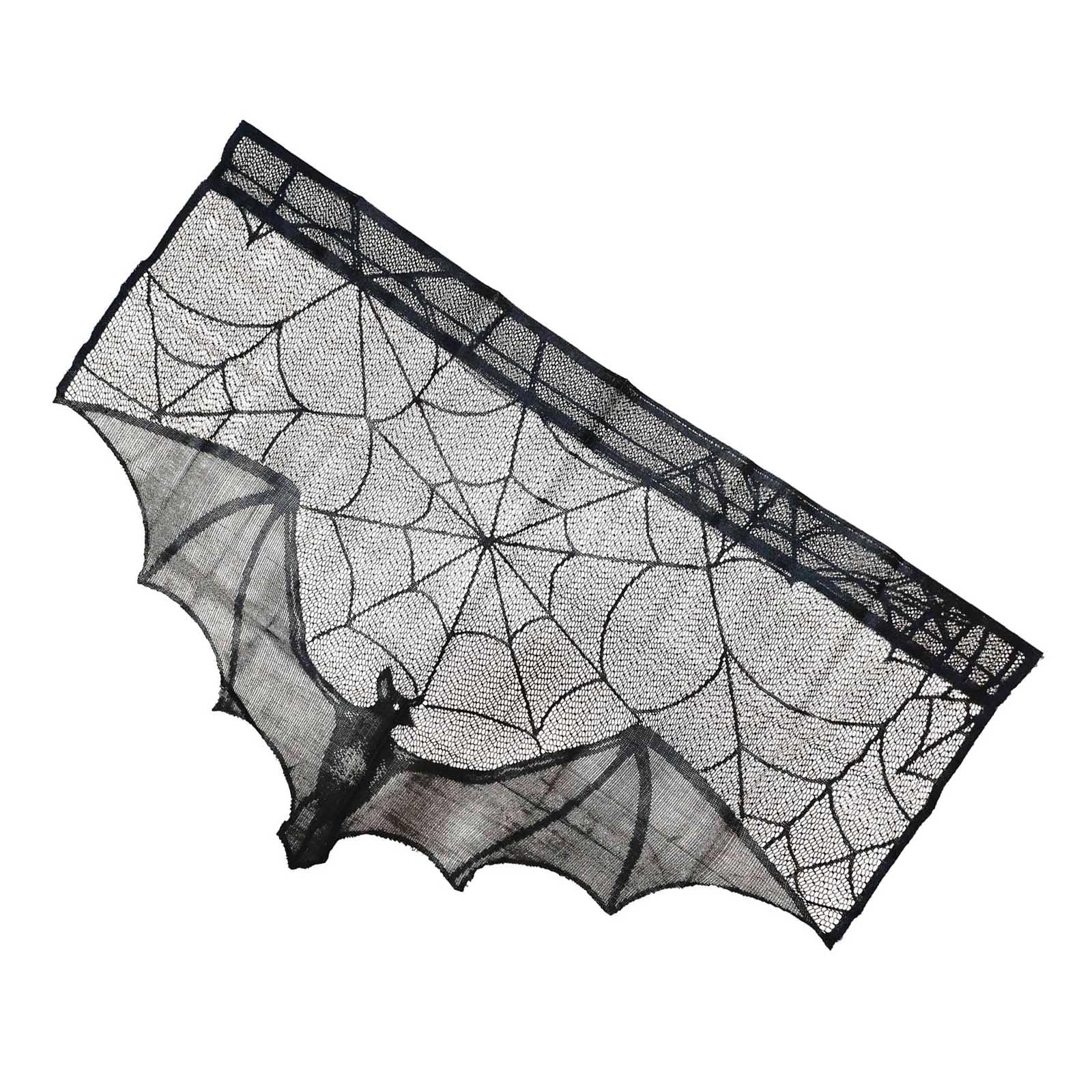 Yhplxyuus Halloween Mantel Scarf with Spiders Webs and Bat in Black Lace for Festives Decoration Polyester Lace Fireplaces Runner