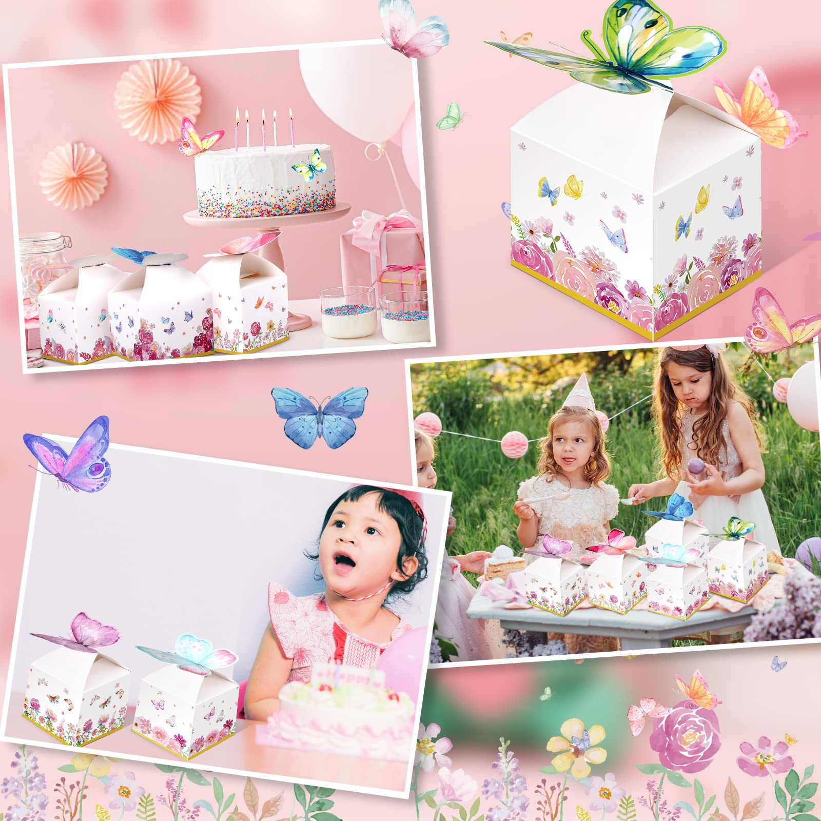 Ctosree 24 Pcs Butterfly Party Favor Boxes Floral Candy Treat Bags Pink Girl Butterfly Gift Paper Box Purple Blue Decor for Princess Birthday Party Baby Shower Supplies