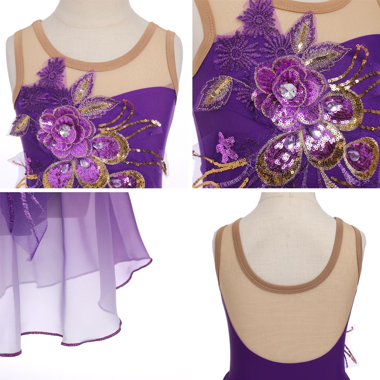 FYMNSI Robe de patinage artistique pour fille - Paillettes - Fleurs - Robe de ballet en mousseline de soie - Sans manches - Justaucorps de gymnastique - Vêtements de ballet pour 3-12 ans