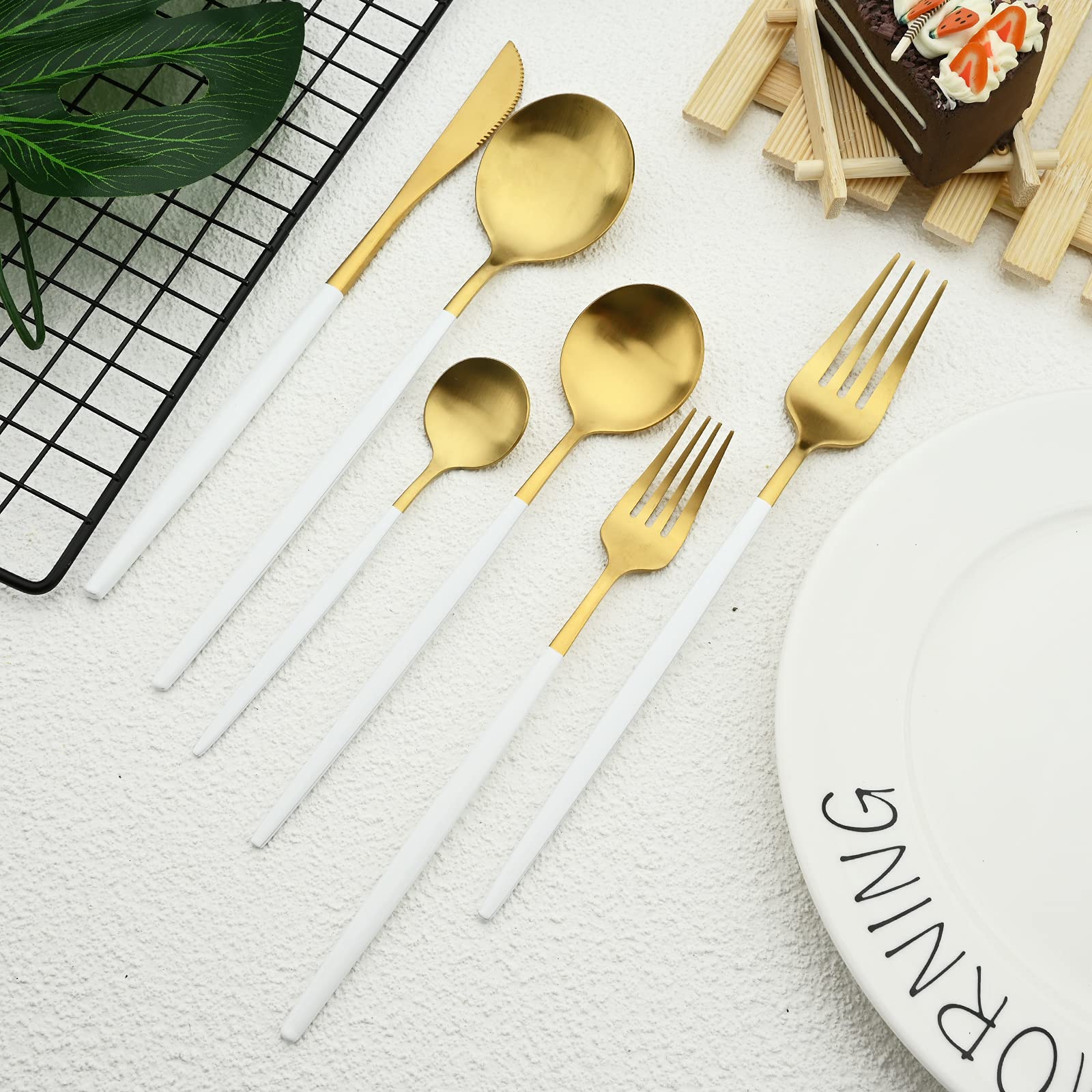 BRIIEC 36 Pieces White Handle Gold Silverware Set, Steak Knives,18/0 Stainless Steel Flatware Cutlery Set, Service for 6, Kitchen Utensil Tableware Set, Hand Wash Recommended