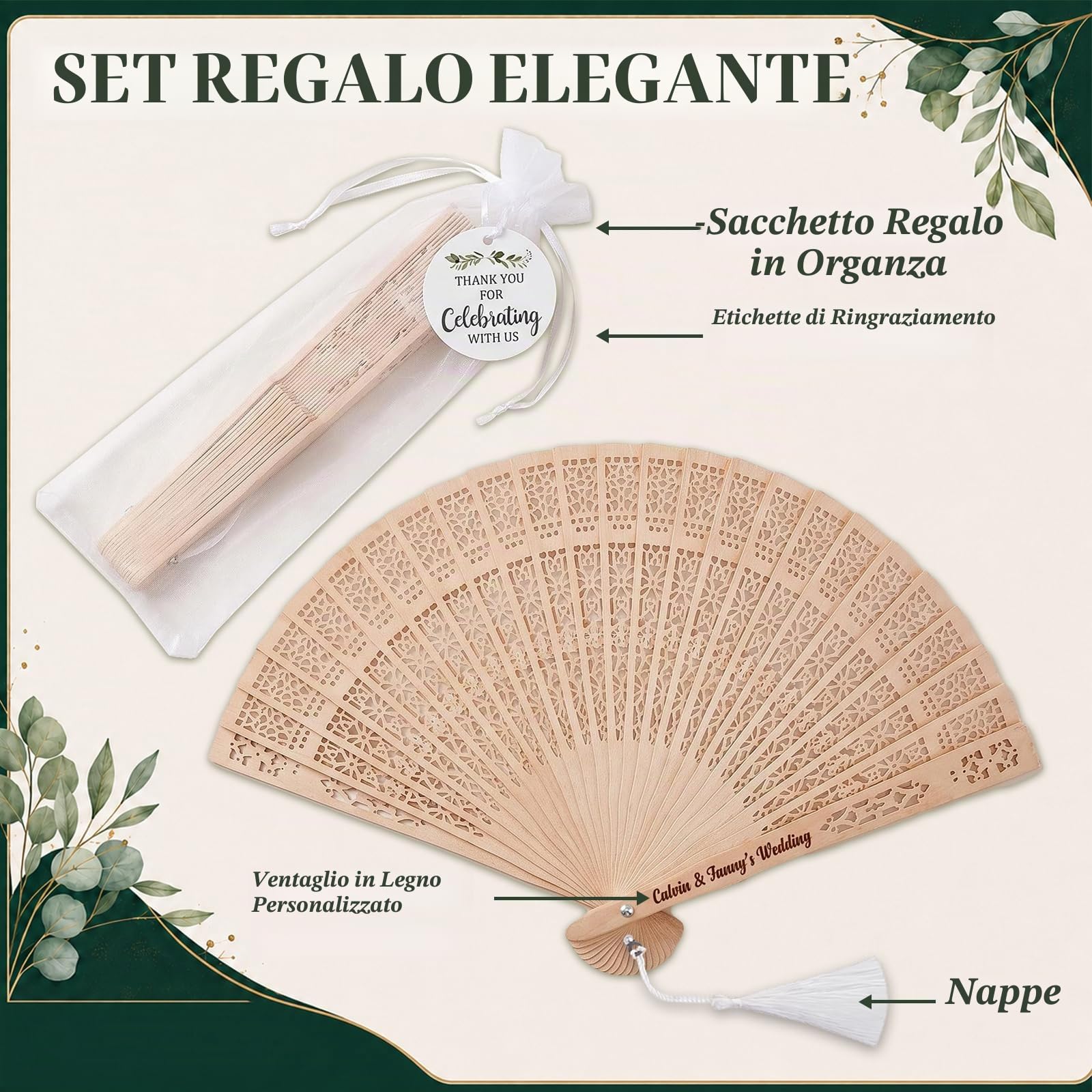 50 Ventagli Personalizzati Matrimonio – Bomboniere Legno | Gravure nome/data | Ventaglio in legno | Borsa organza | Bomboniera matrimonio