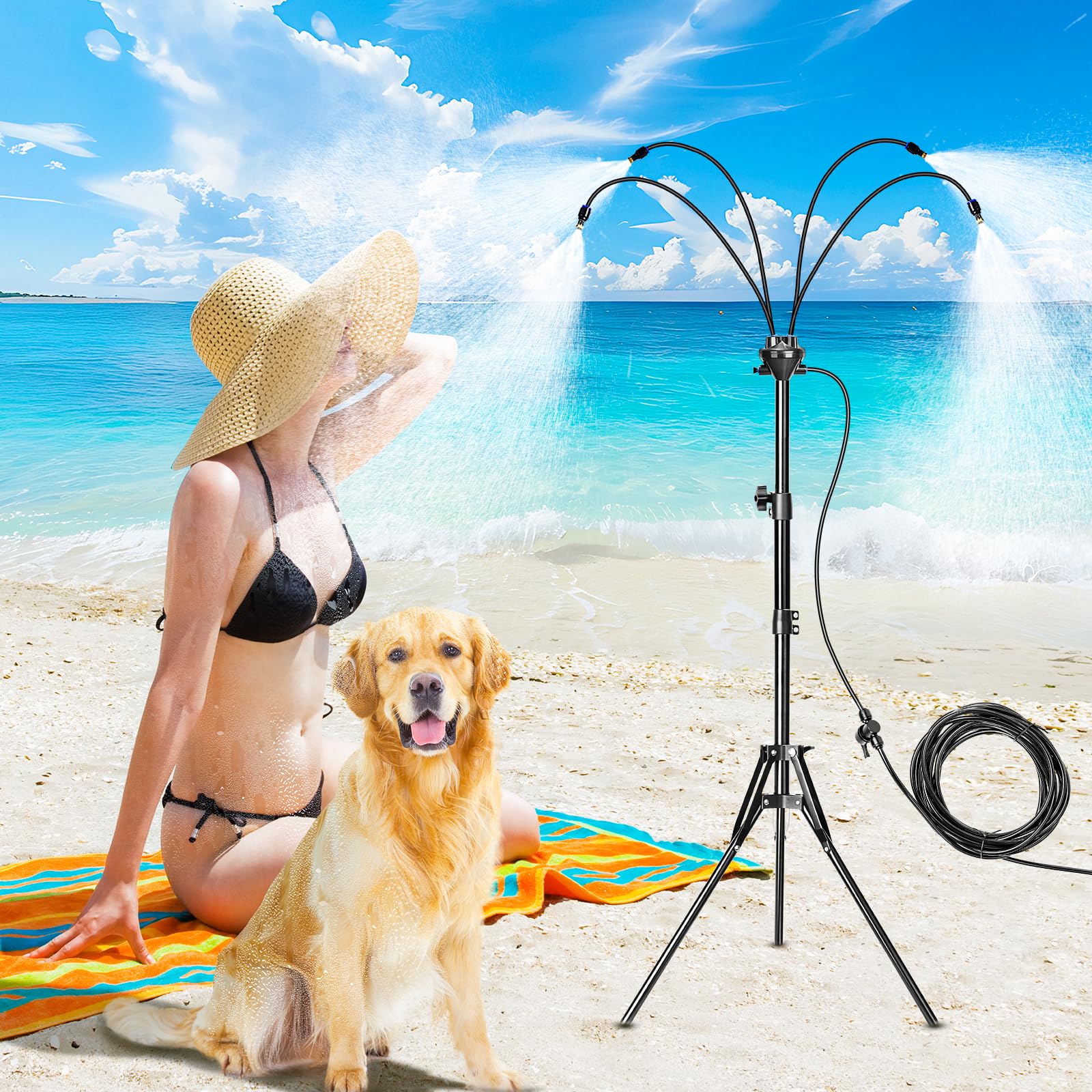 Standing Misters for Outside Patio, Adjustable Height 5.3FT Stand Misting System with 26.2FT Misting Line for Cooling Outdoor, Portable Water Mister Hose for Backyard BBQ, Porch, Pool, Pet Cooling