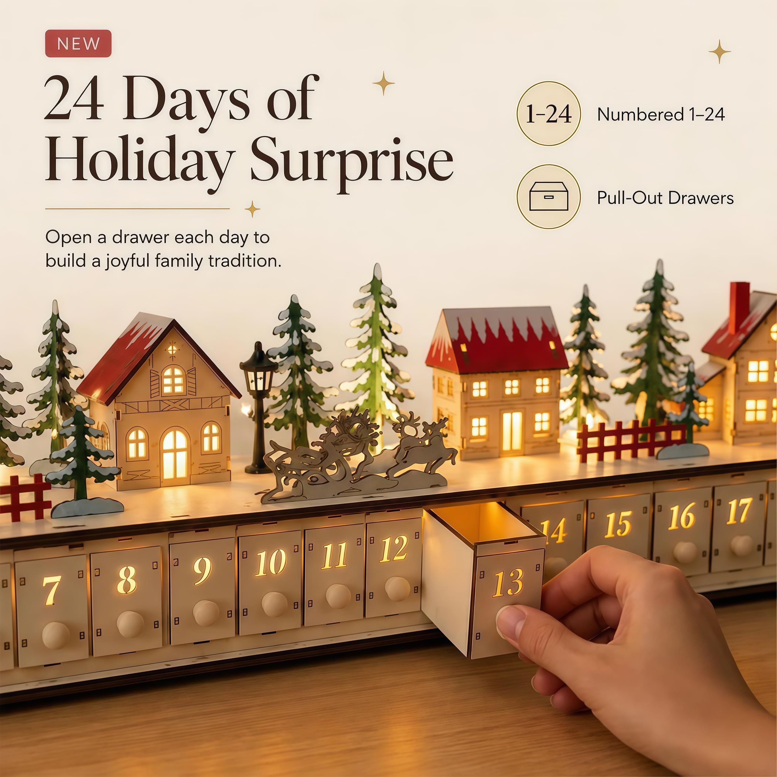 Adventskalender zum Befüllen Holz, Weihnachtdeko Häuser Adventskalender 2026 mit Licht, 24 Tage Weihnachtskalender Selbst Befüllen für Tisch, Kamin, Schlafzimmer、A